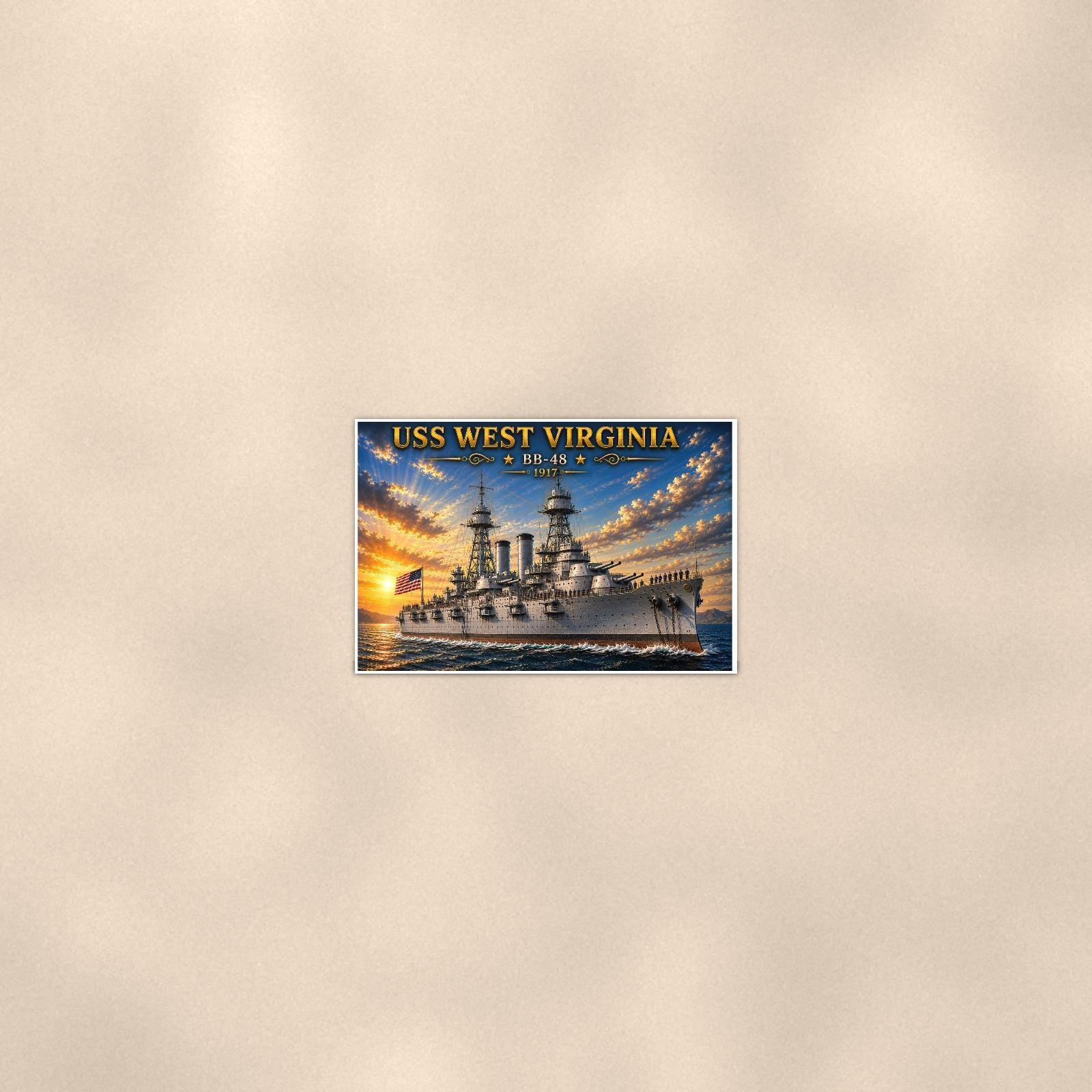 USS West Virginia Battleship — 36x24 in art print poster, premium luster paper with a white border; poster seen from further back, at true 24x36 in scale on a warm wall.