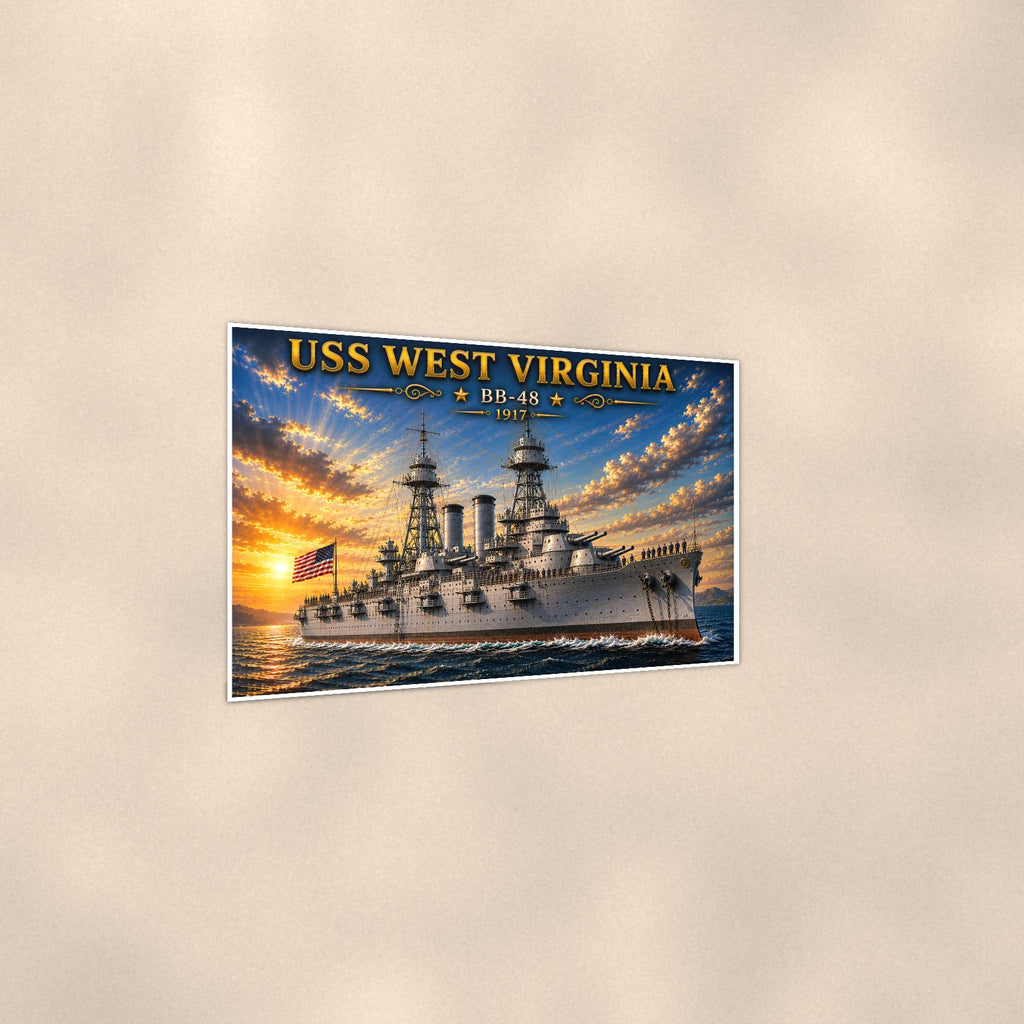 USS West Virginia Battleship — 36x24 in art print poster, premium luster paper with a white border; gentle three-quarter angle on a warm wall, showing the flat paper edge.
