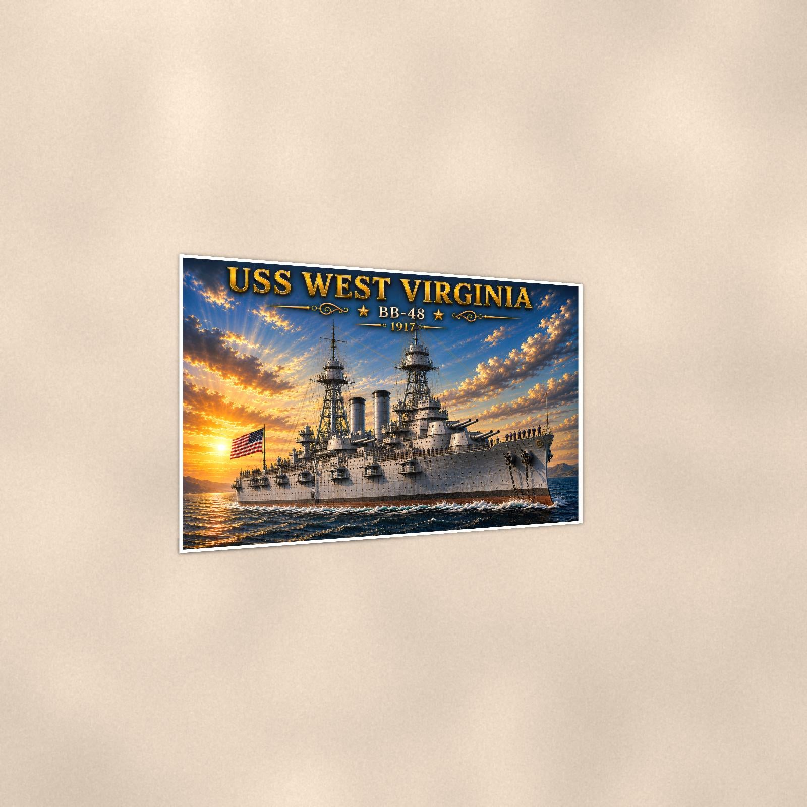 USS West Virginia Battleship — 36x24 in art print poster, premium luster paper with a white border; gentle three-quarter angle on a warm wall, showing the flat paper edge.