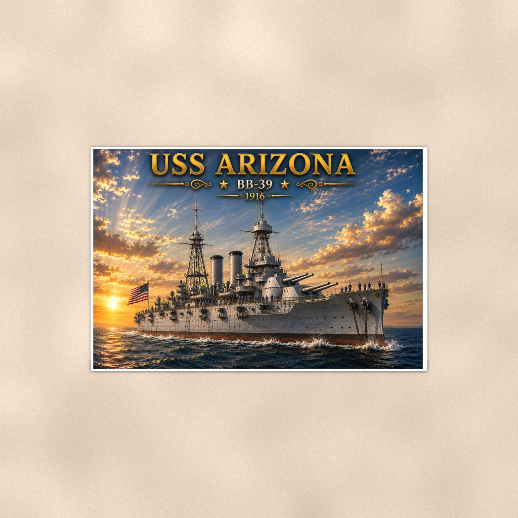 USS Arizona Battleship — 36x24 in art print poster, premium luster paper with a white border; poster shown straight on against a warm wall.
