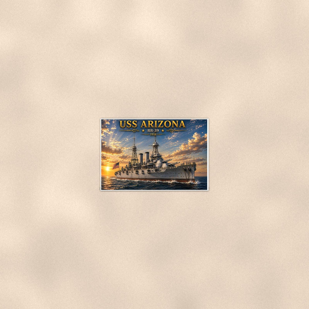 USS Arizona Battleship — 36x24 in art print poster, premium luster paper with a white border; poster seen from further back, at true 24x36 in scale on a warm wall.