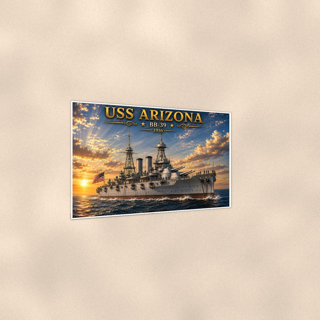 USS Arizona Battleship — 36x24 in art print poster, premium luster paper with a white border; gentle three-quarter angle on a warm wall, showing the flat paper edge.