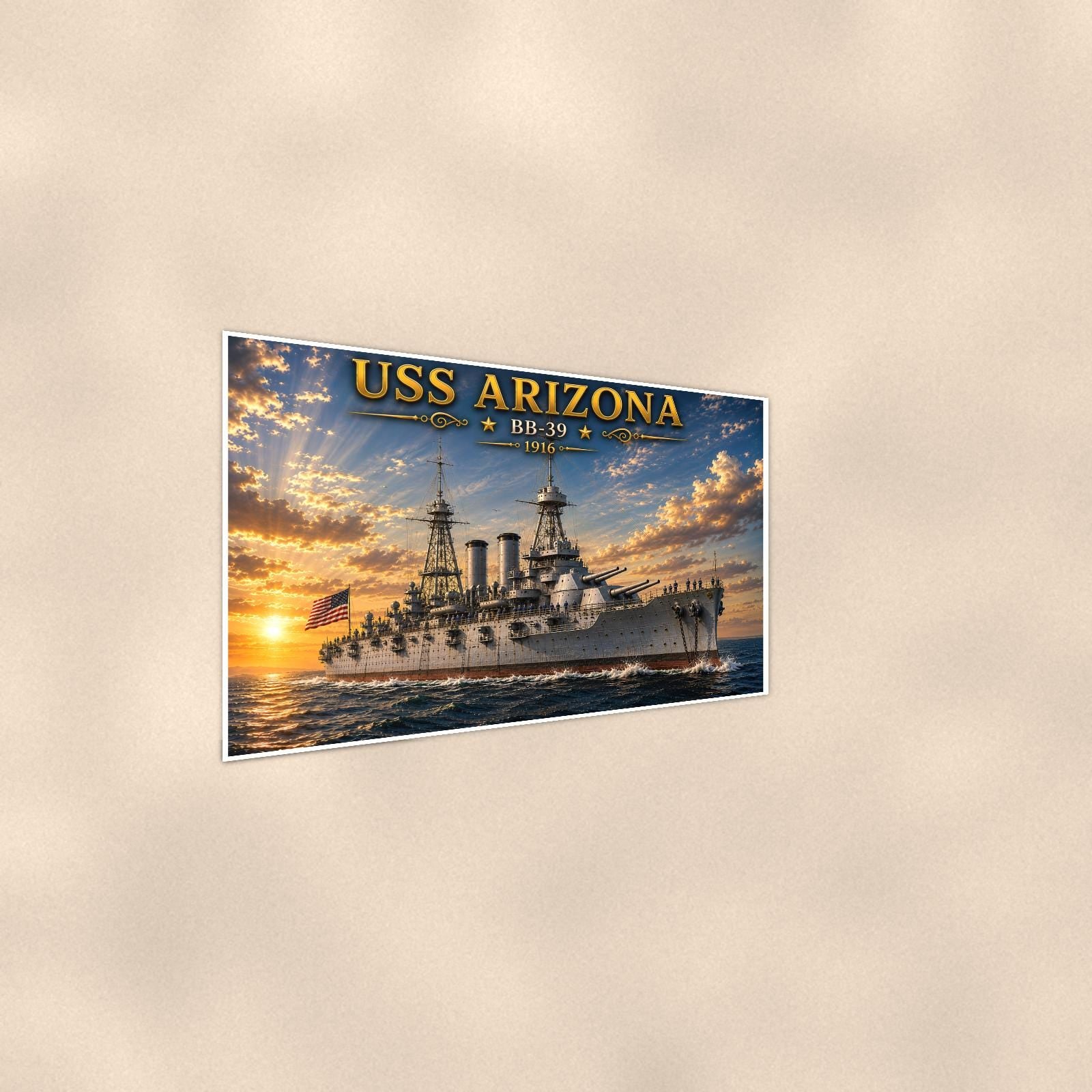 USS Arizona Battleship — 36x24 in art print poster, premium luster paper with a white border; steeper three-quarter angle on a warm wall, catching the luster sheen.