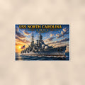 USS North Carolina Battleship — 36x24 in art print poster, premium luster paper with a white border; poster shown straight on against a warm wall.
