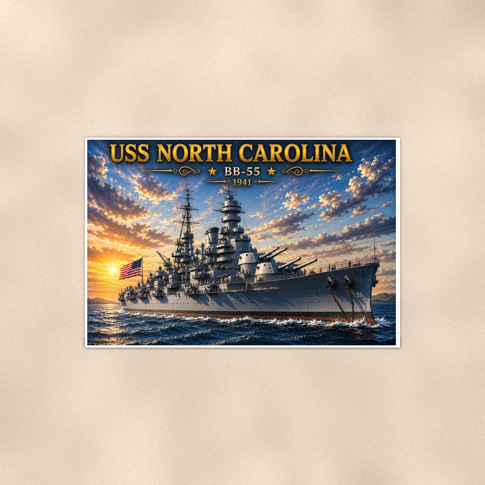 USS North Carolina Battleship — 36x24 in art print poster, premium luster paper with a white border; poster shown straight on against a warm wall.