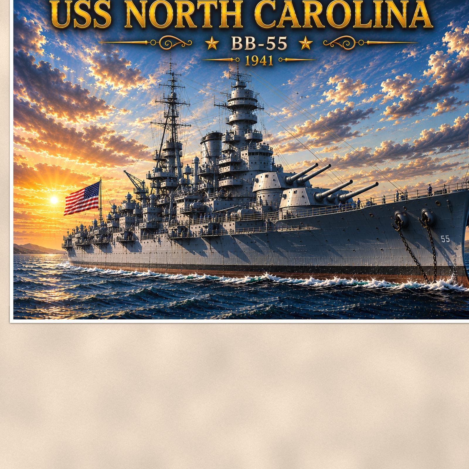 USS North Carolina Battleship — 36x24 in art print poster, premium luster paper with a white border; close-up framed on the main subject of the artwork, paper surface visible.