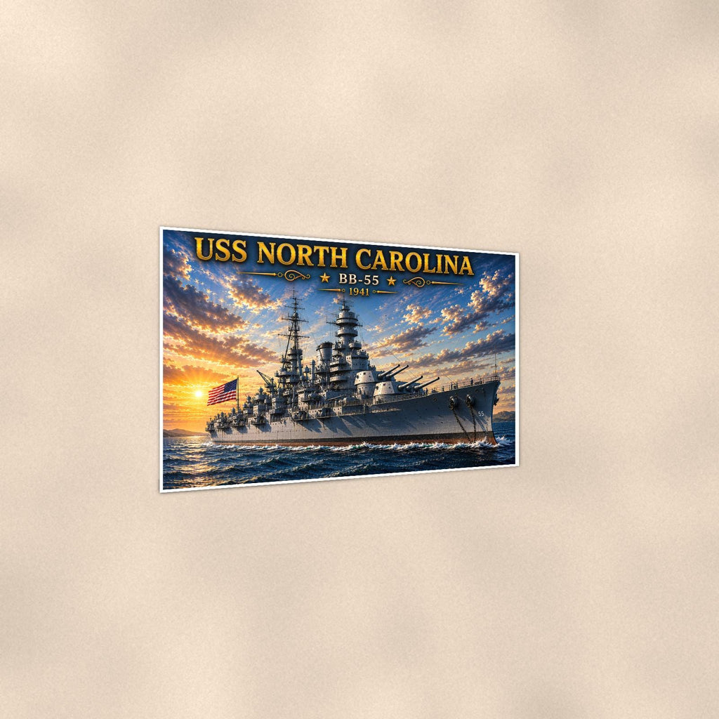 USS North Carolina Battleship — 36x24 in art print poster, premium luster paper with a white border; gentle three-quarter angle on a warm wall, showing the flat paper edge.