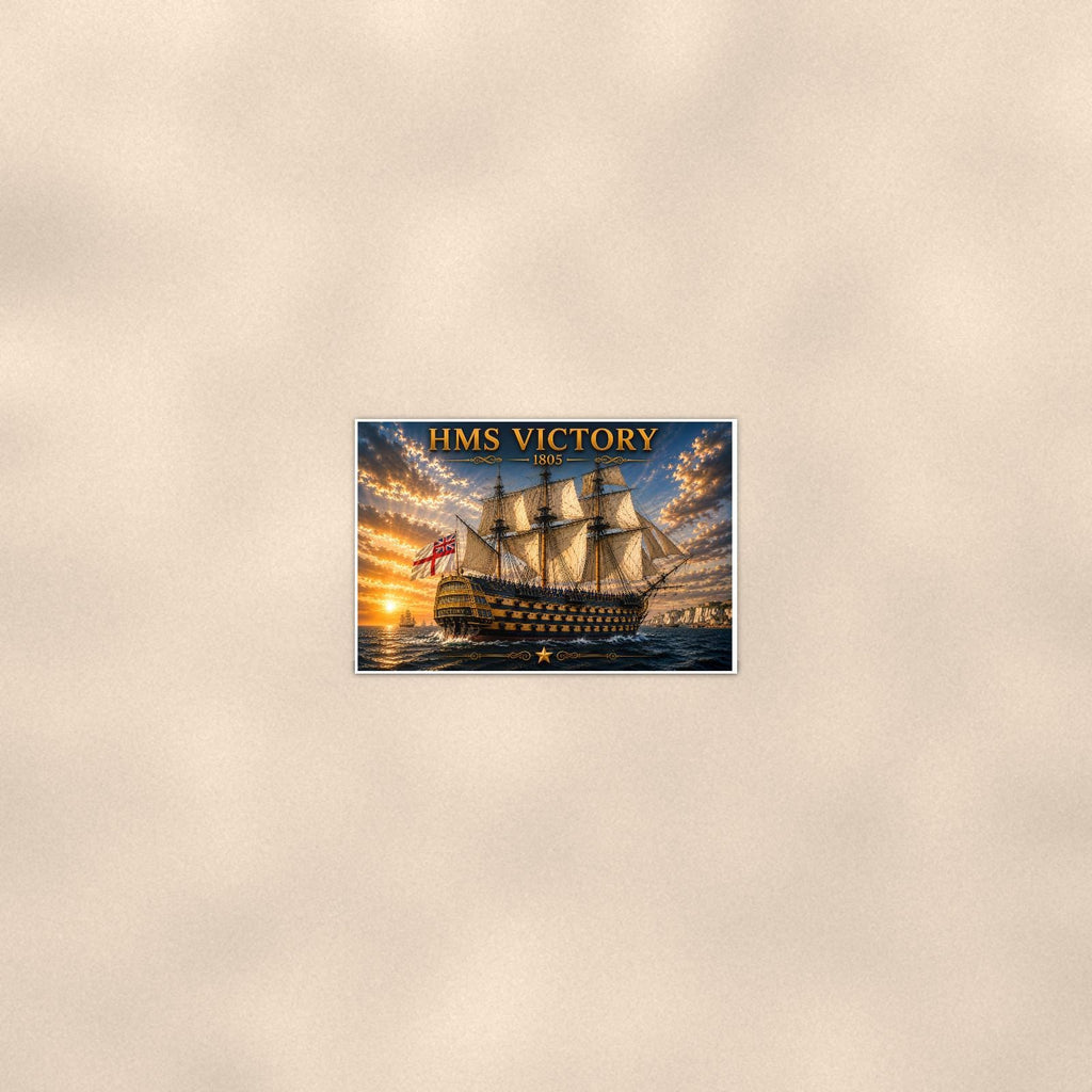 HMS Victory Tall Ship — 36x24 in art print poster, premium luster paper with a white border; poster seen from further back, at true 24x36 in scale on a warm wall.