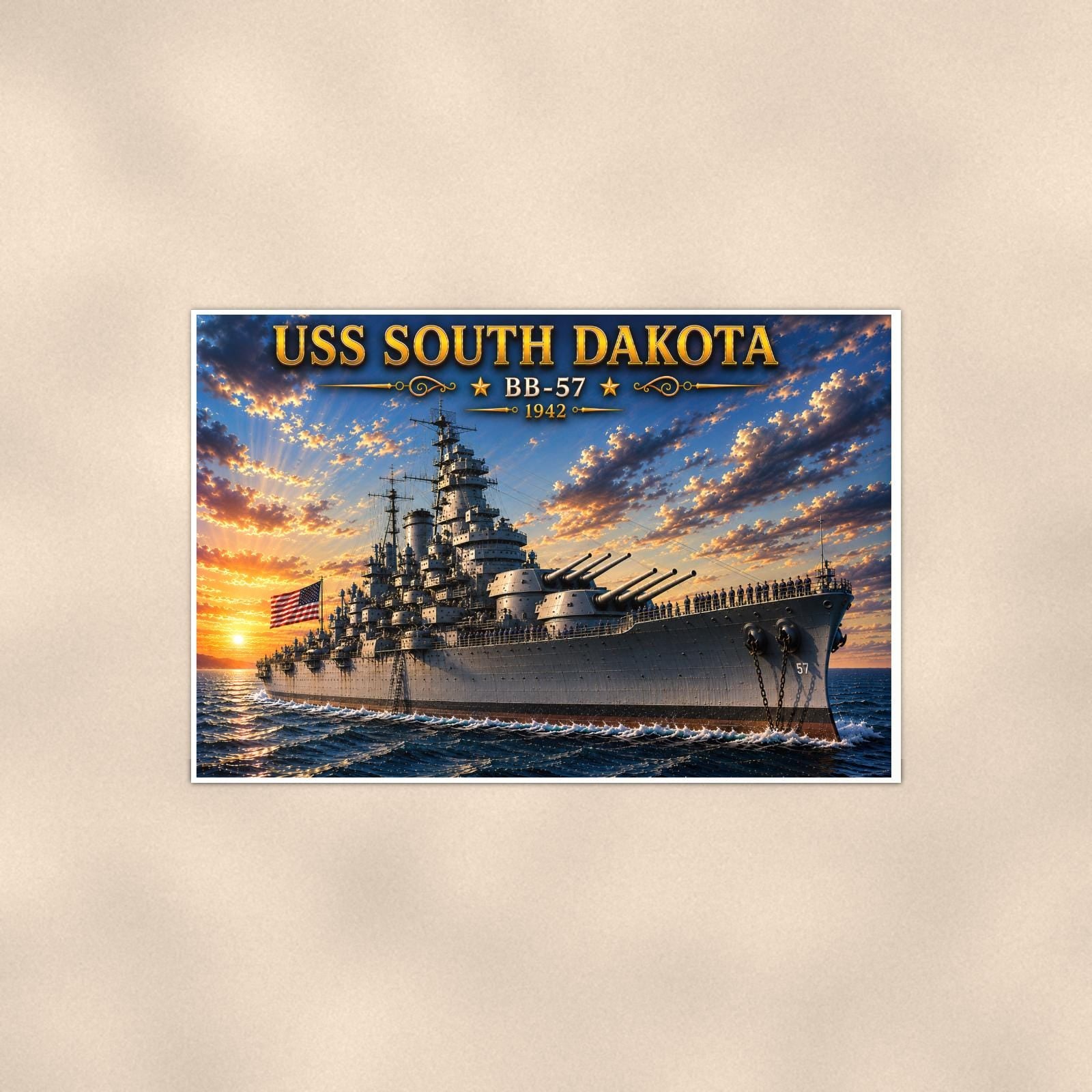 USS South Dakota Battleship — 36x24 in art print poster, premium luster paper with a white border; poster shown straight on against a warm wall.