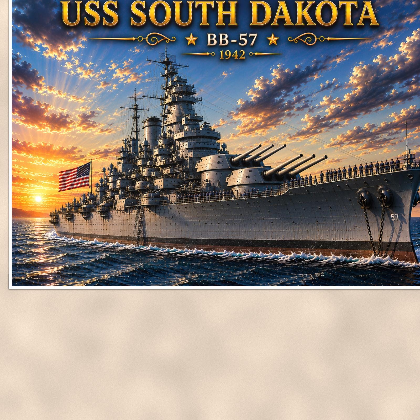 USS South Dakota Battleship — 36x24 in art print poster, premium luster paper with a white border; close-up framed on the main subject of the artwork, paper surface visible.