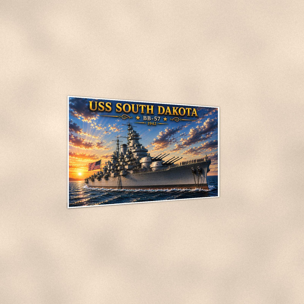 USS South Dakota Battleship — 36x24 in art print poster, premium luster paper with a white border; gentle three-quarter angle on a warm wall, showing the flat paper edge.