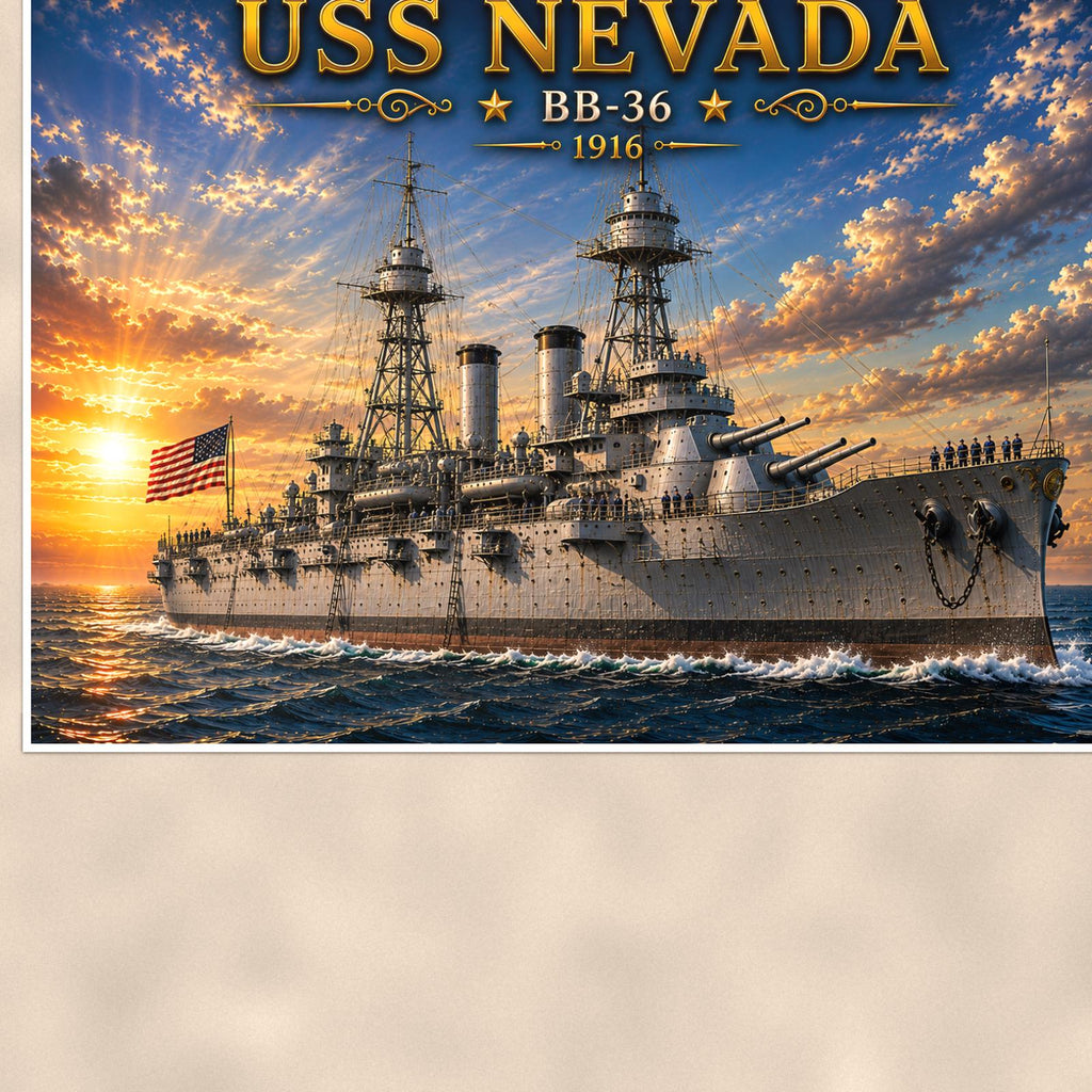 USS Nevada Battleship — 36x24 in art print poster, premium luster paper with a white border; close-up framed on the main subject of the artwork, paper surface visible.