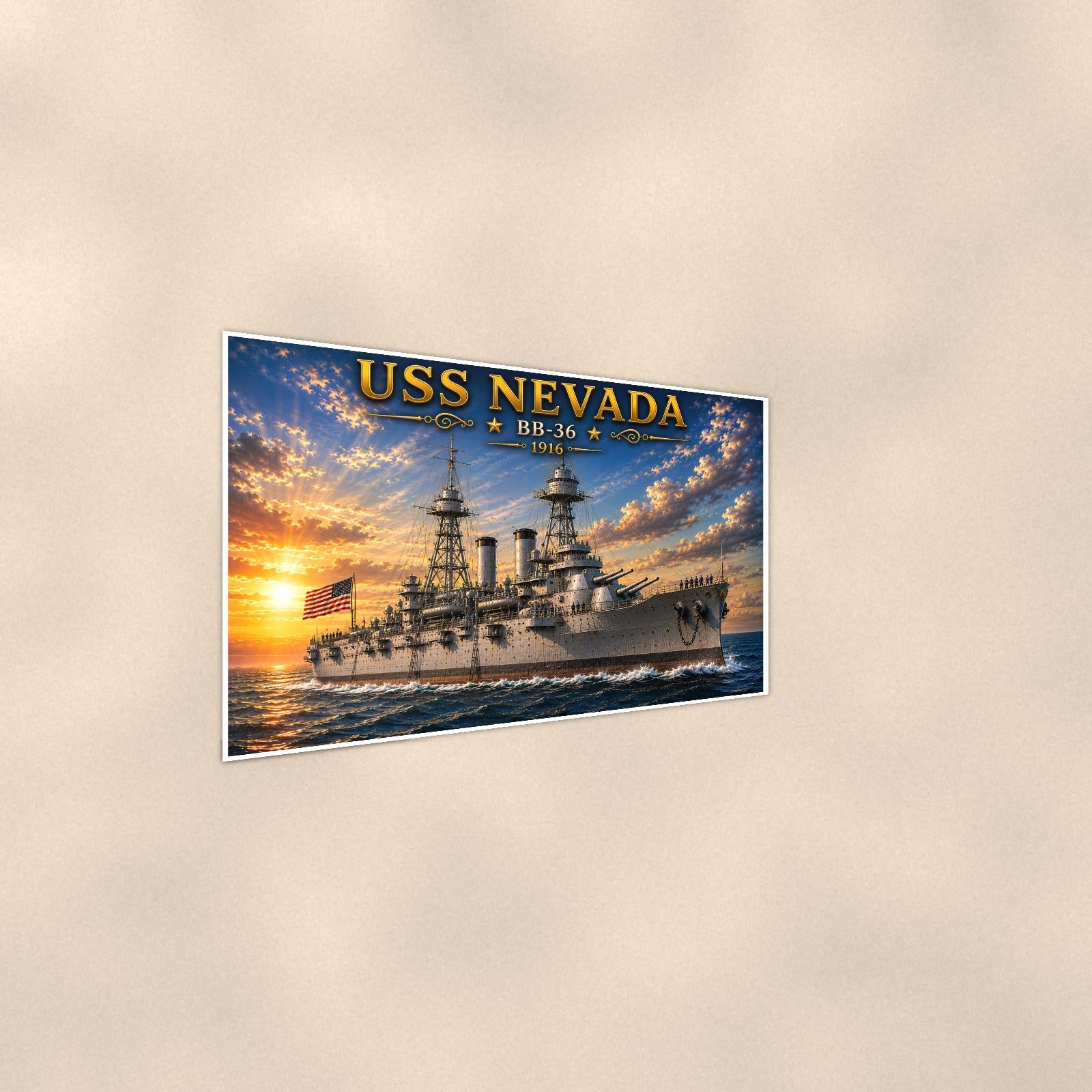 USS Nevada Battleship — 36x24 in art print poster, premium luster paper with a white border; steeper three-quarter angle on a warm wall, catching the luster sheen.