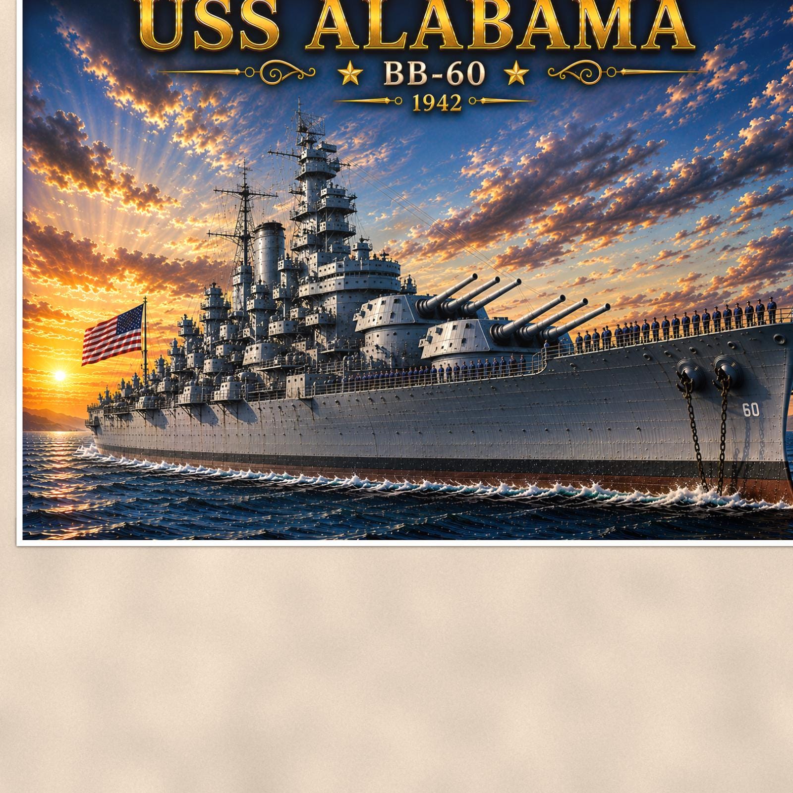 USS Alabama Battleship — 36x24 in art print poster, premium luster paper with a white border; close-up framed on the main subject of the artwork, paper surface visible.