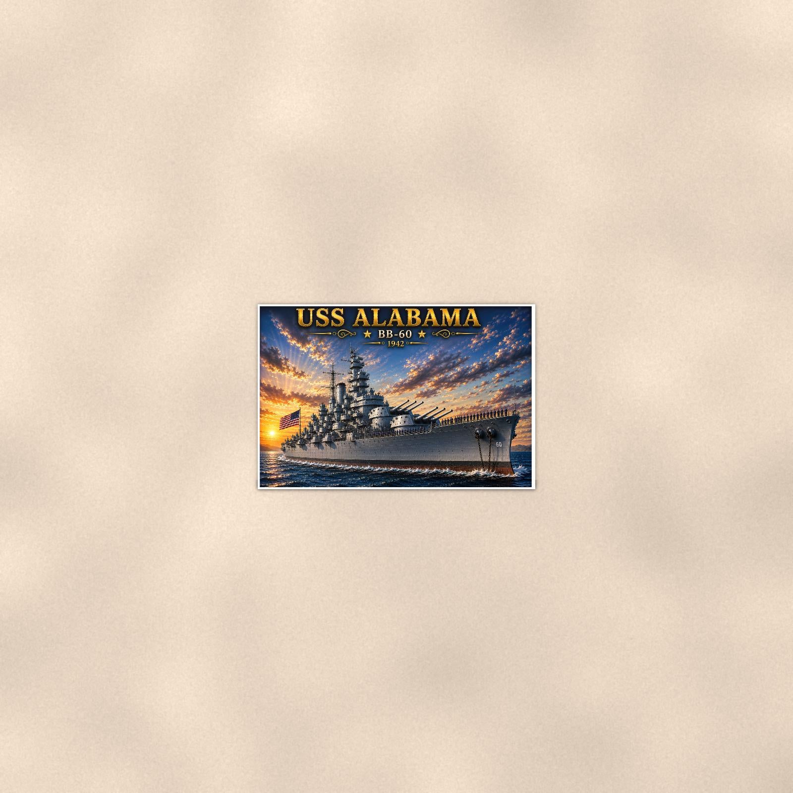 USS Alabama Battleship — 36x24 in art print poster, premium luster paper with a white border; poster seen from further back, at true 24x36 in scale on a warm wall.