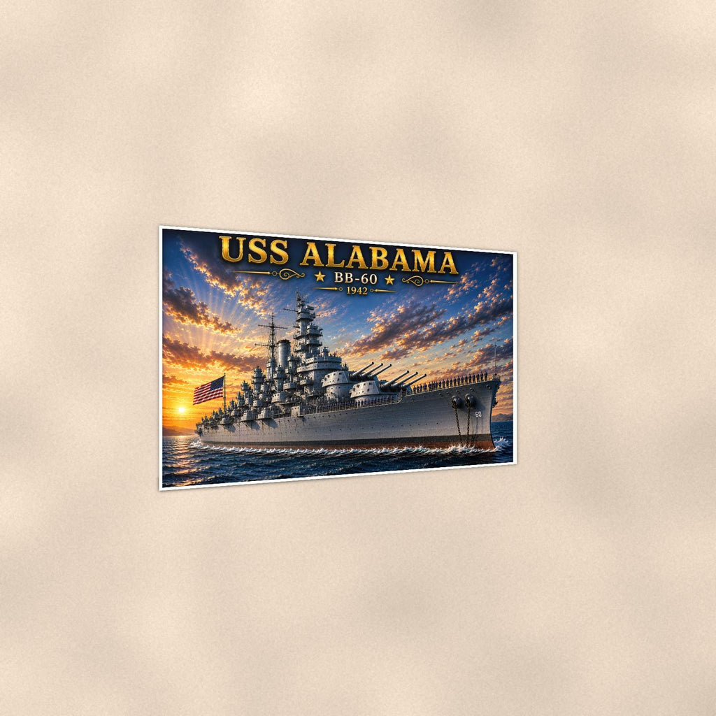 USS Alabama Battleship — 36x24 in art print poster, premium luster paper with a white border; gentle three-quarter angle on a warm wall, showing the flat paper edge.