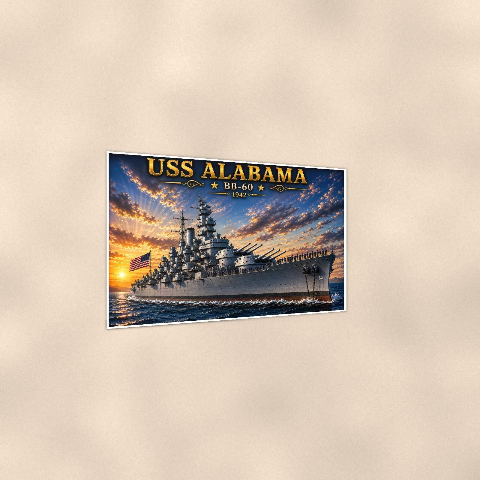 USS Alabama Battleship — 36x24 in art print poster, premium luster paper with a white border; gentle three-quarter angle on a warm wall, showing the flat paper edge.