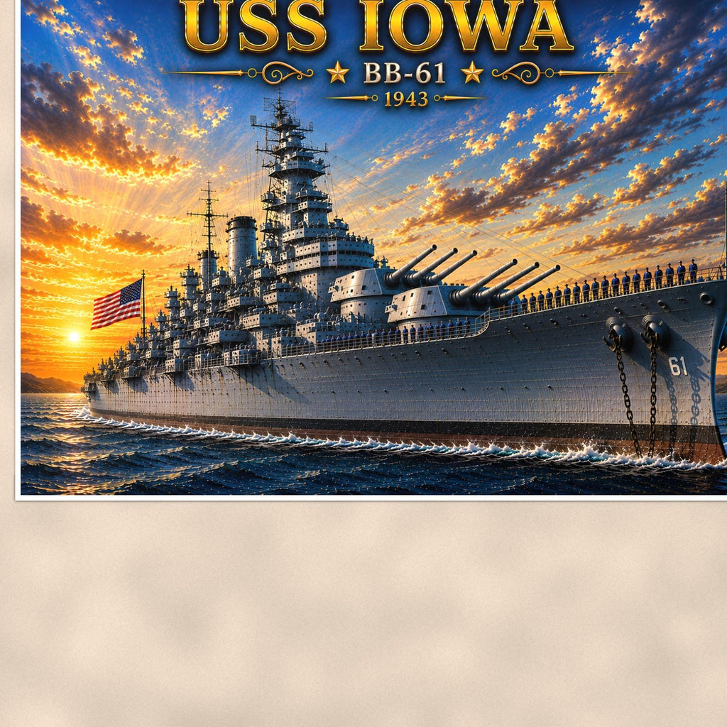 USS Iowa Battleship — 36x24 in art print poster, premium luster paper with a white border; close-up framed on the main subject of the artwork, paper surface visible.