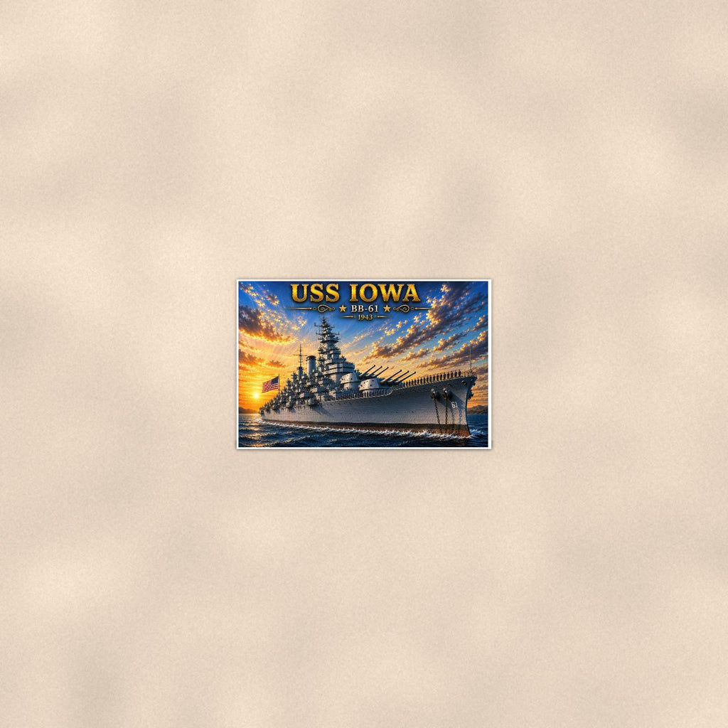 USS Iowa Battleship — 36x24 in art print poster, premium luster paper with a white border; poster seen from further back, at true 24x36 in scale on a warm wall.