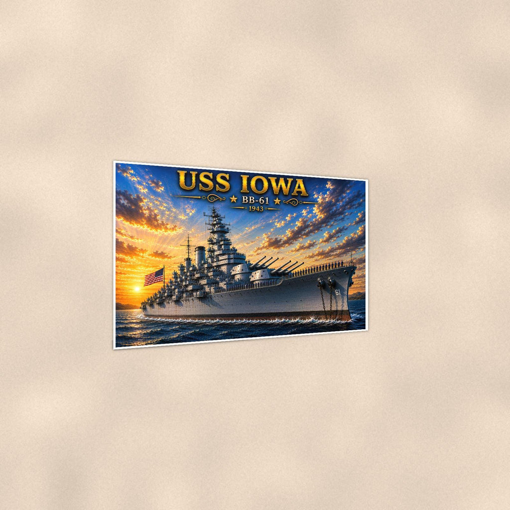 USS Iowa Battleship — 36x24 in art print poster, premium luster paper with a white border; gentle three-quarter angle on a warm wall, showing the flat paper edge.
