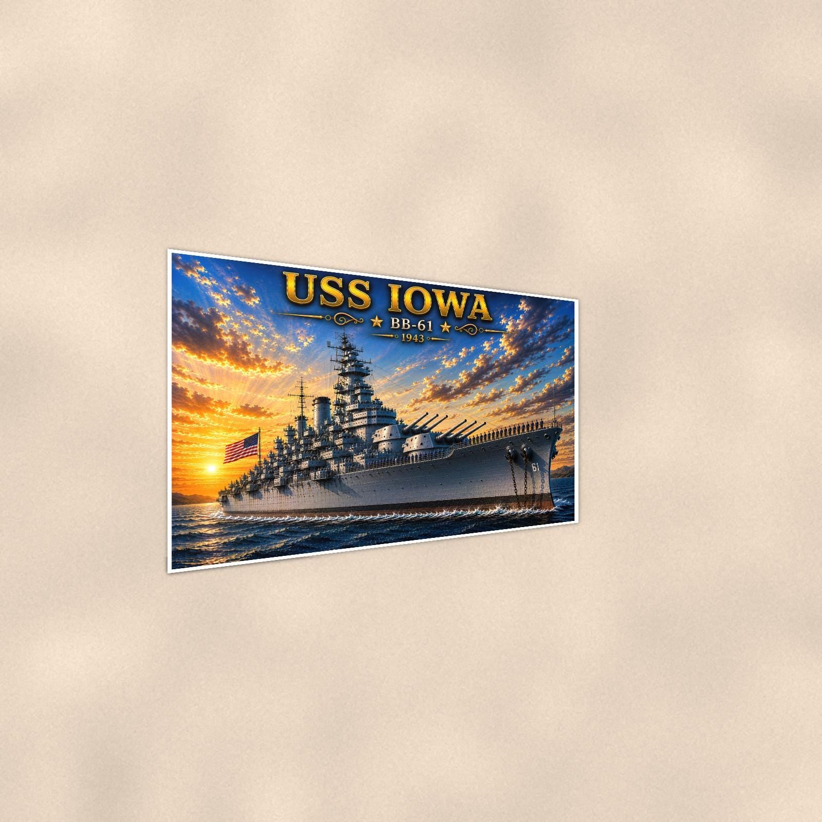 USS Iowa Battleship — 36x24 in art print poster, premium luster paper with a white border; steeper three-quarter angle on a warm wall, catching the luster sheen.