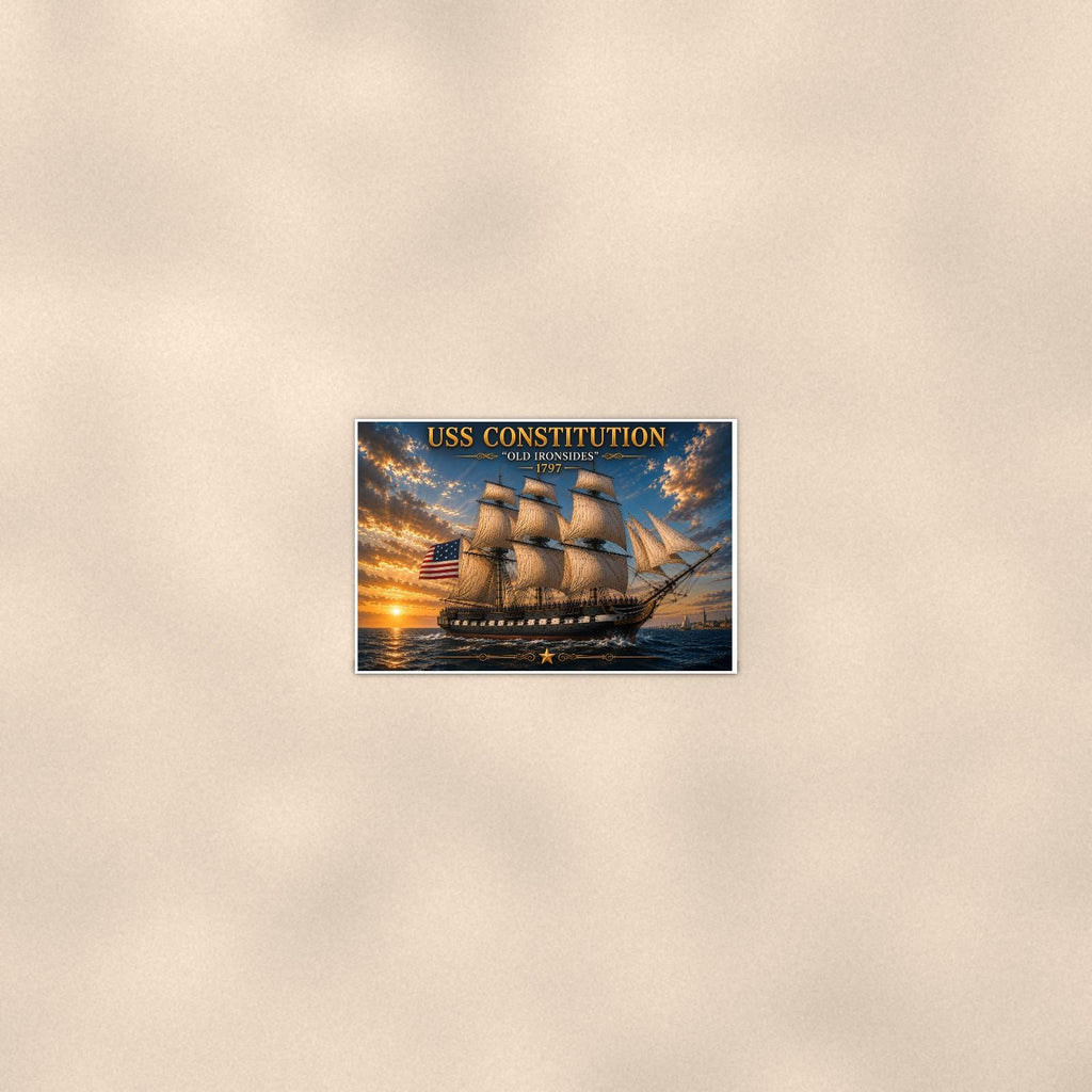 USS Constitution — 36x24 in art print poster, premium luster paper with a white border; poster seen from further back, at true 24x36 in scale on a warm wall.