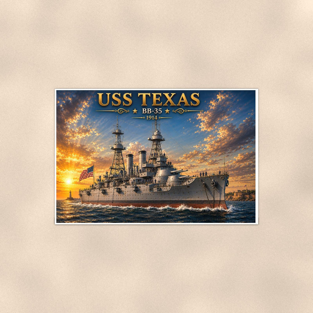 USS Texas Battleship — 36x24 in art print poster, premium luster paper with a white border; poster shown straight on against a warm wall.