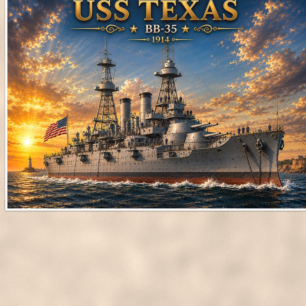 USS Texas Battleship — 36x24 in art print poster, premium luster paper with a white border; close-up framed on the main subject of the artwork, paper surface visible.