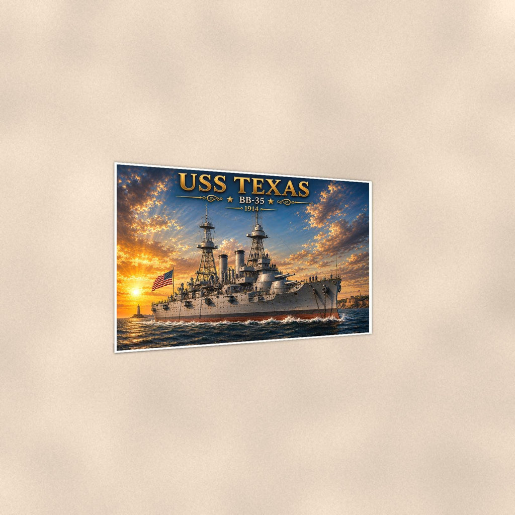 USS Texas Battleship — 36x24 in art print poster, premium luster paper with a white border; gentle three-quarter angle on a warm wall, showing the flat paper edge.