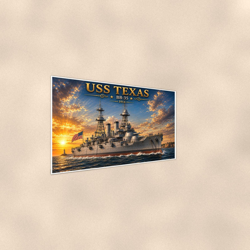 USS Texas Battleship — 36x24 in art print poster, premium luster paper with a white border; steeper three-quarter angle on a warm wall, catching the luster sheen.