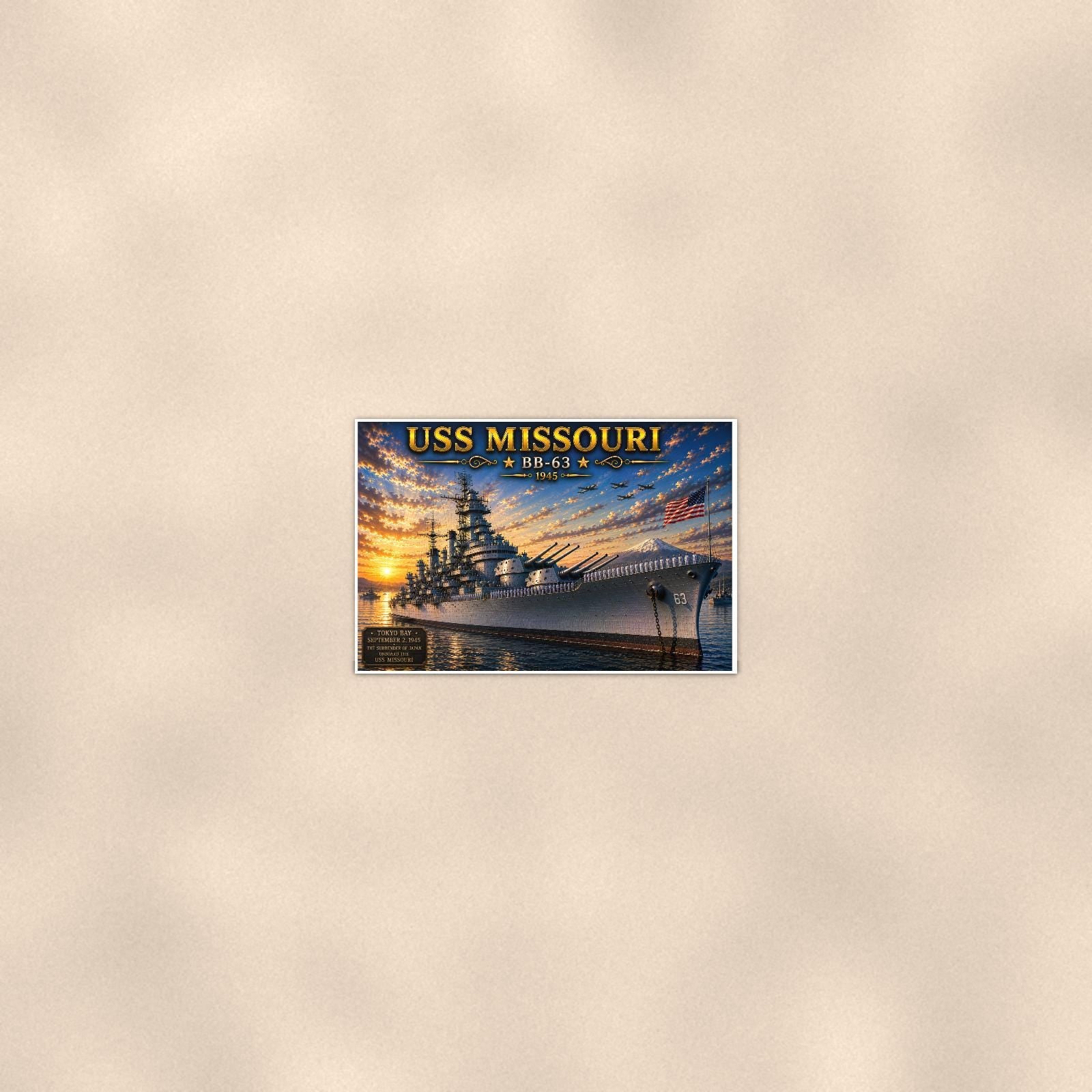 USS Missouri Battleship — 36x24 in art print poster, premium luster paper with a white border; poster seen from further back, at true 24x36 in scale on a warm wall.