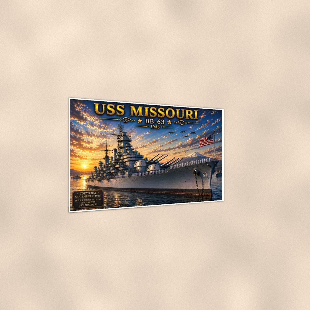 USS Missouri Battleship — 36x24 in art print poster, premium luster paper with a white border; gentle three-quarter angle on a warm wall, showing the flat paper edge.