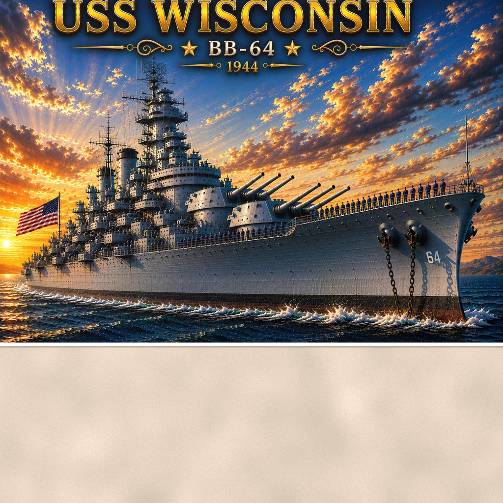 USS Wisconsin Battleship — 36x24 in art print poster, premium luster paper with a white border; close-up framed on the main subject of the artwork, paper surface visible.