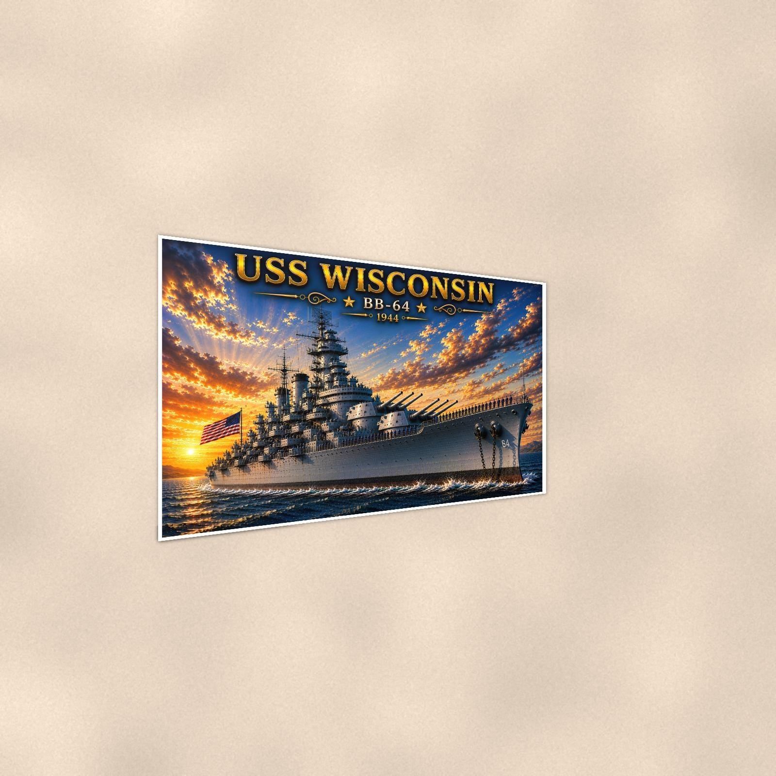 USS Wisconsin Battleship — 36x24 in art print poster, premium luster paper with a white border; steeper three-quarter angle on a warm wall, catching the luster sheen.