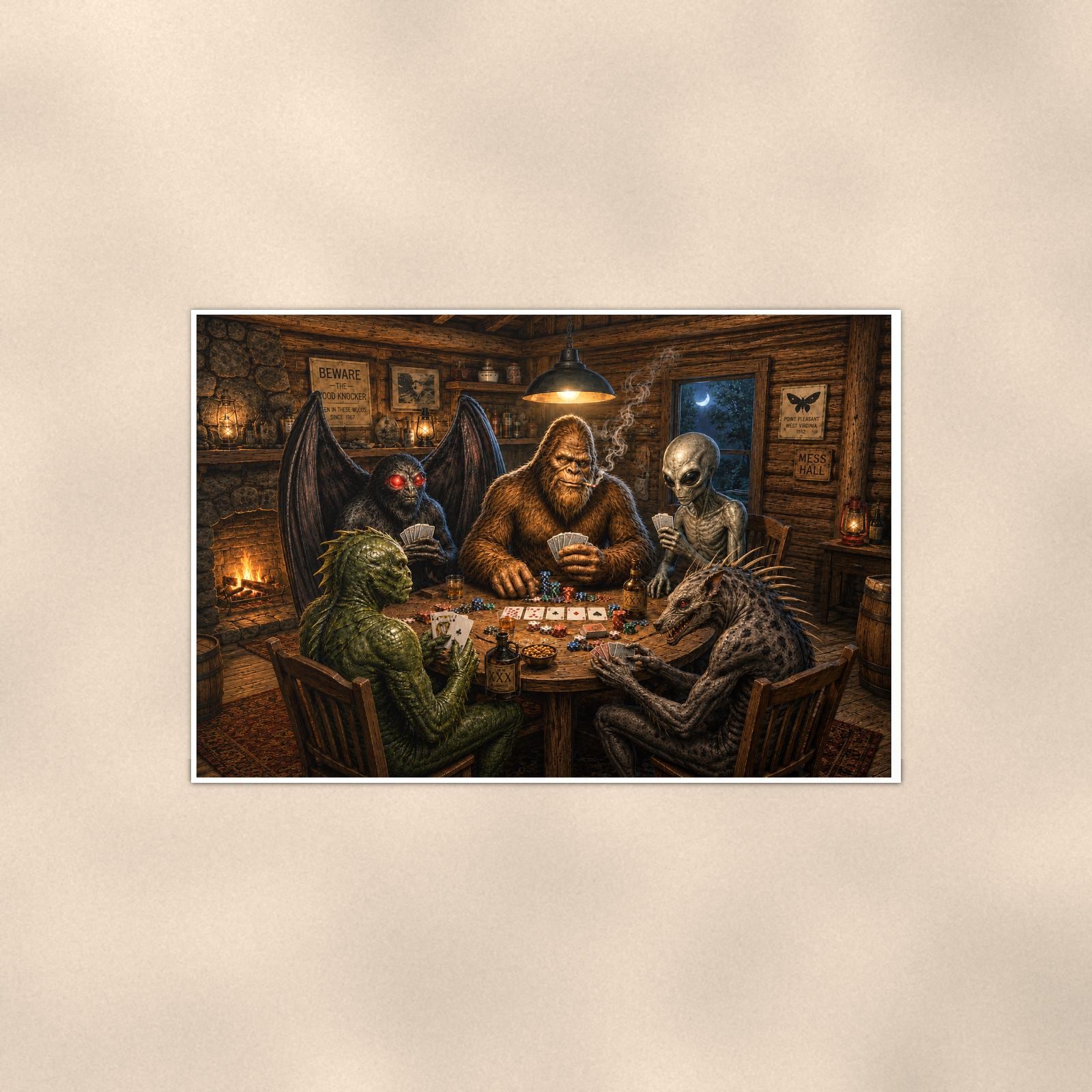Cryptid Poker Night Bigfoot — 36x24 in art print poster, premium luster paper with a white border; poster shown straight on against a warm wall.