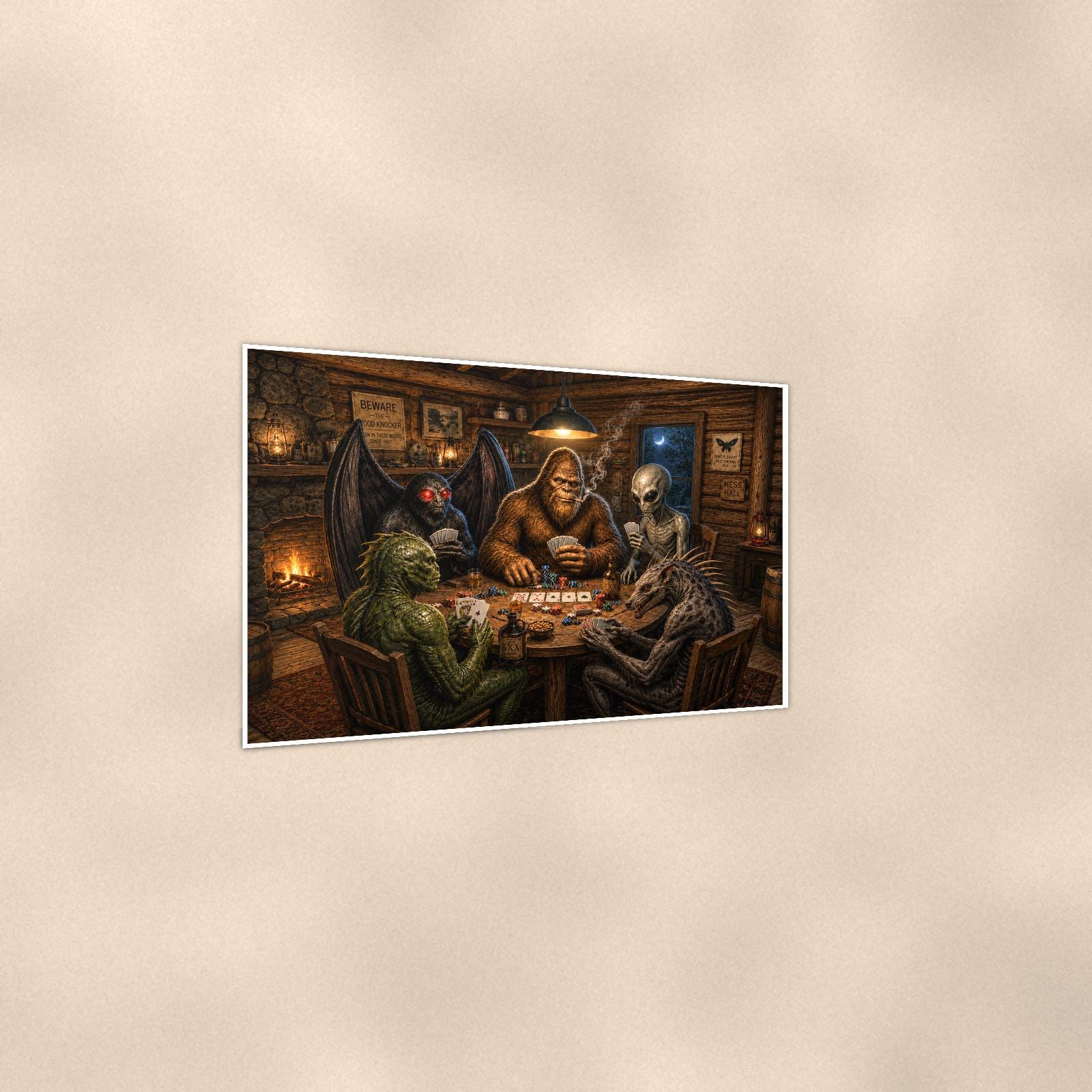 Cryptid Poker Night Bigfoot — 36x24 in art print poster, premium luster paper with a white border; gentle three-quarter angle on a warm wall, showing the flat paper edge.