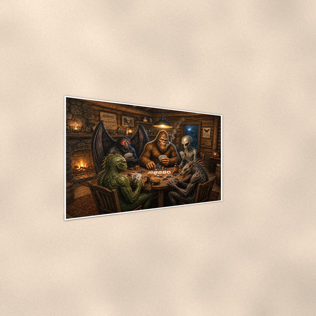 Cryptid Poker Night Bigfoot — 36x24 in art print poster, premium luster paper with a white border; steeper three-quarter angle on a warm wall, catching the luster sheen.