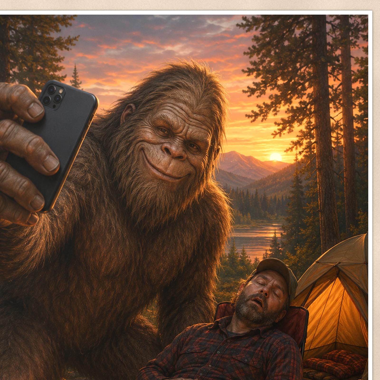 Selfie Bigfoot — 24x36 in art print poster, premium luster paper with a white border; close-up framed on the main subject of the artwork, paper surface visible.
