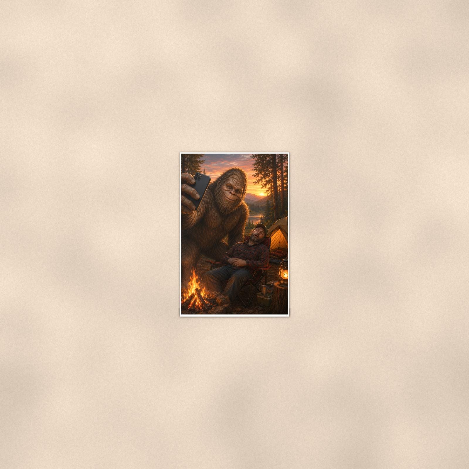 Selfie Bigfoot — 24x36 in art print poster, premium luster paper with a white border; poster seen from further back, at true 24x36 in scale on a warm wall.