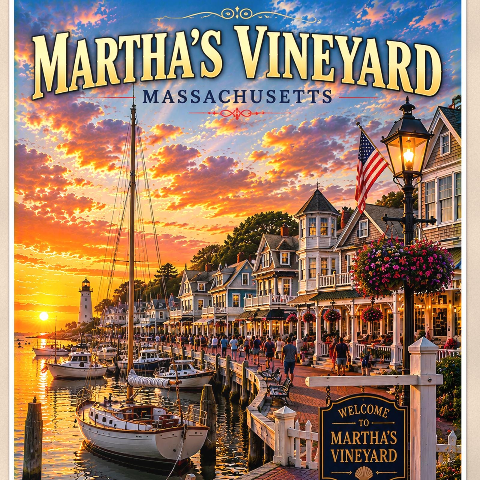 New England coastal town — 24x36 in art print poster, premium luster paper with a white border; close-up framed on the main subject of the artwork, paper surface visible.