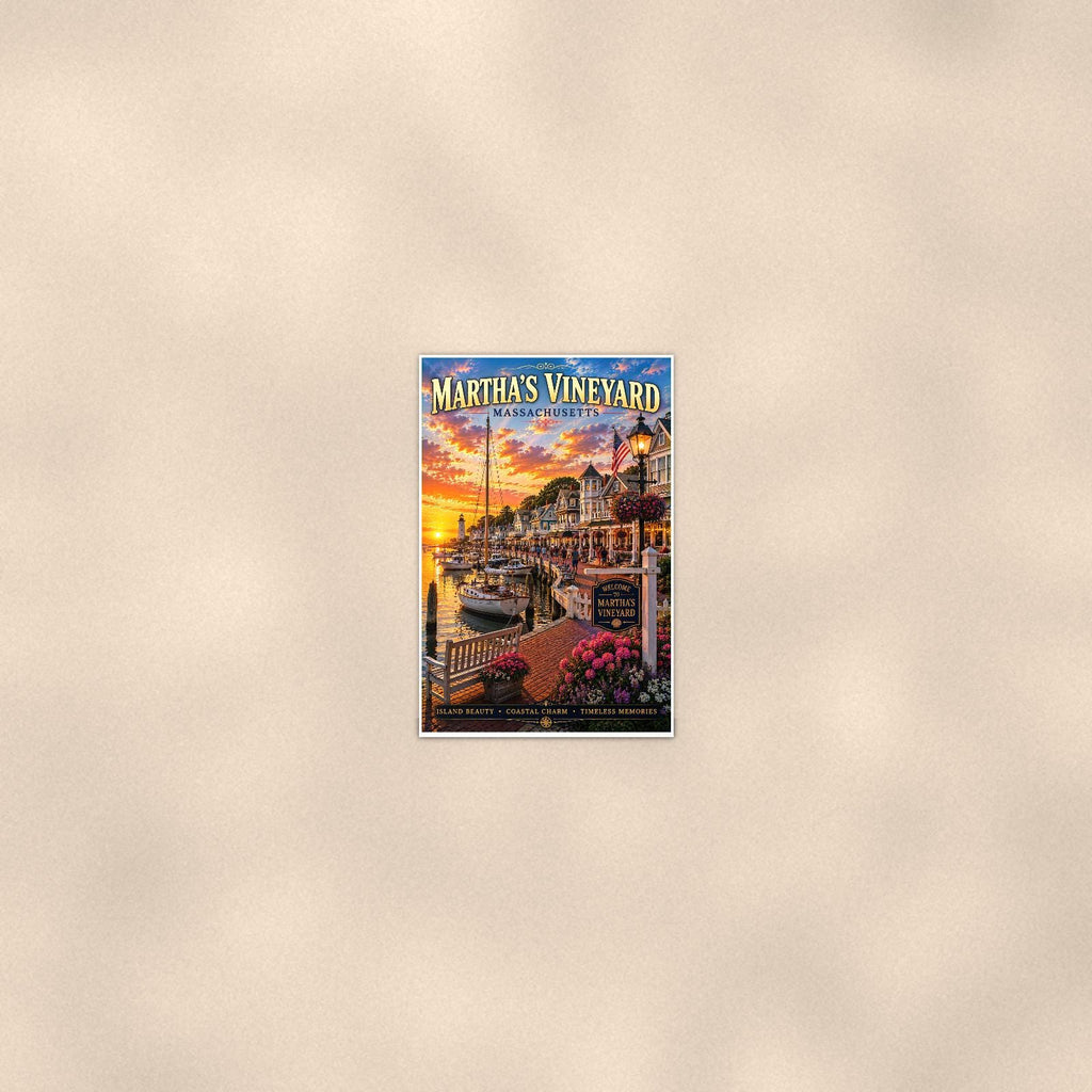 New England coastal town — 24x36 in art print poster, premium luster paper with a white border; poster seen from further back, at true 24x36 in scale on a warm wall.