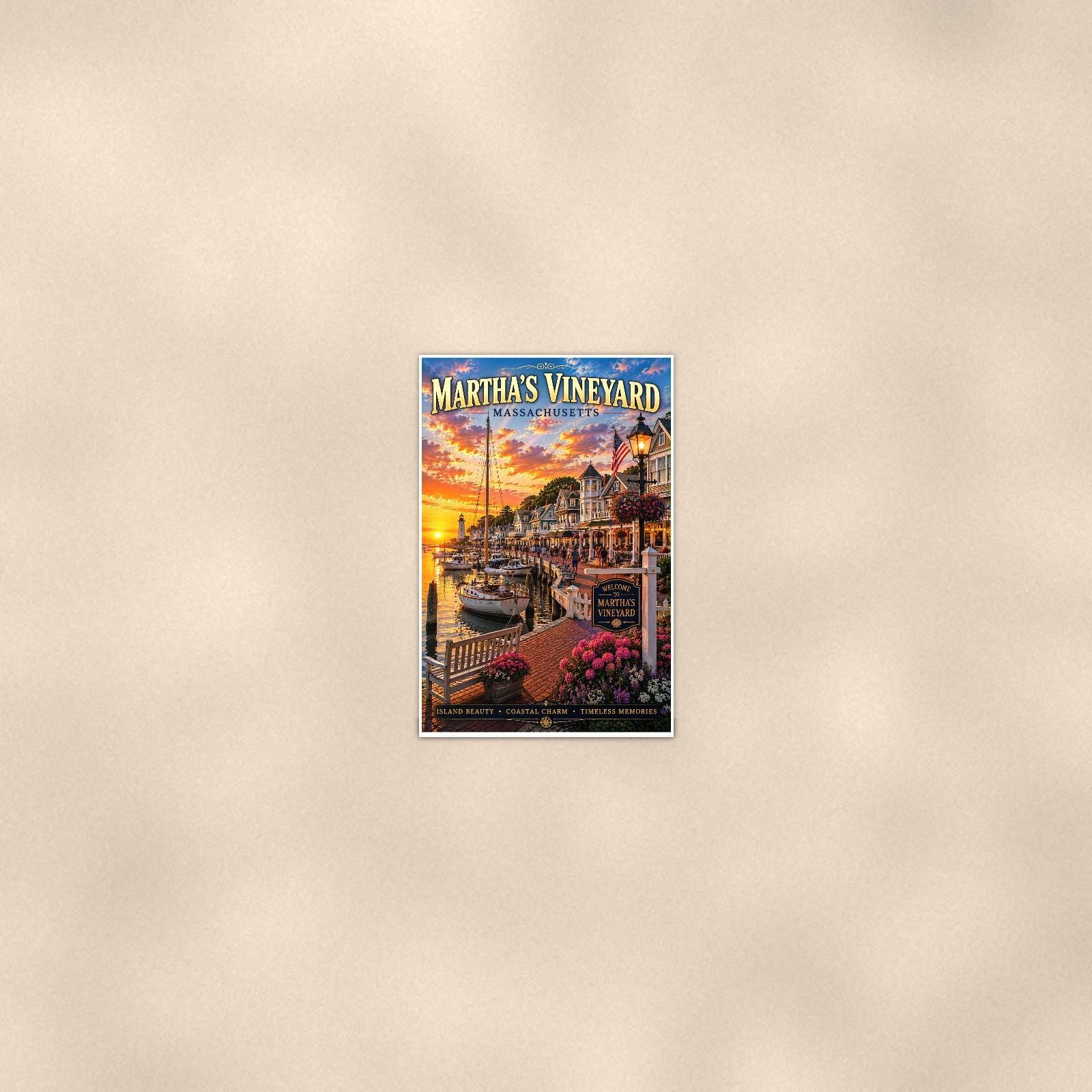 New England coastal town — 24x36 in art print poster, premium luster paper with a white border; poster seen from further back, at true 24x36 in scale on a warm wall.