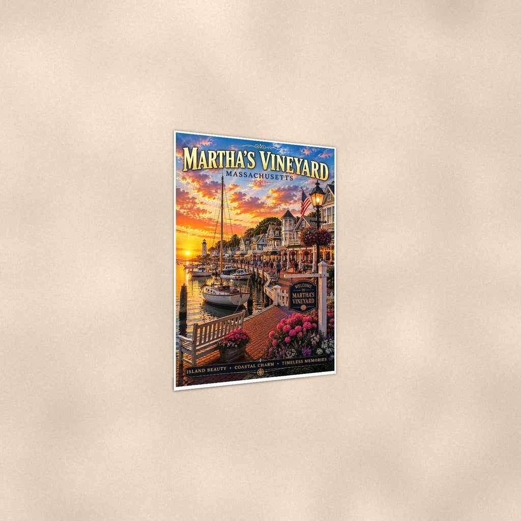 New England coastal town — 24x36 in art print poster, premium luster paper with a white border; gentle three-quarter angle on a warm wall, showing the flat paper edge.