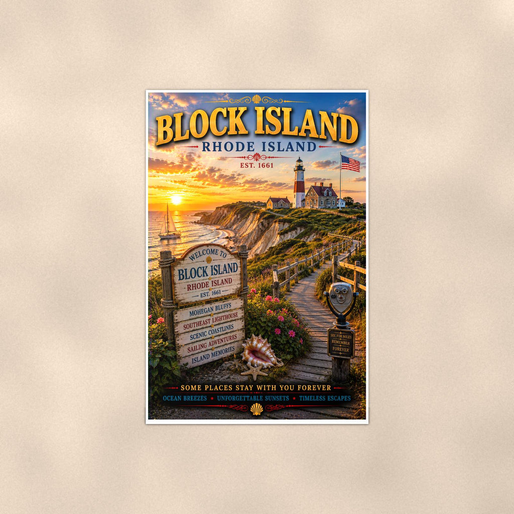 New England coastal town — 24x36 in art print poster, premium luster paper with a white border; poster shown straight on against a warm wall.