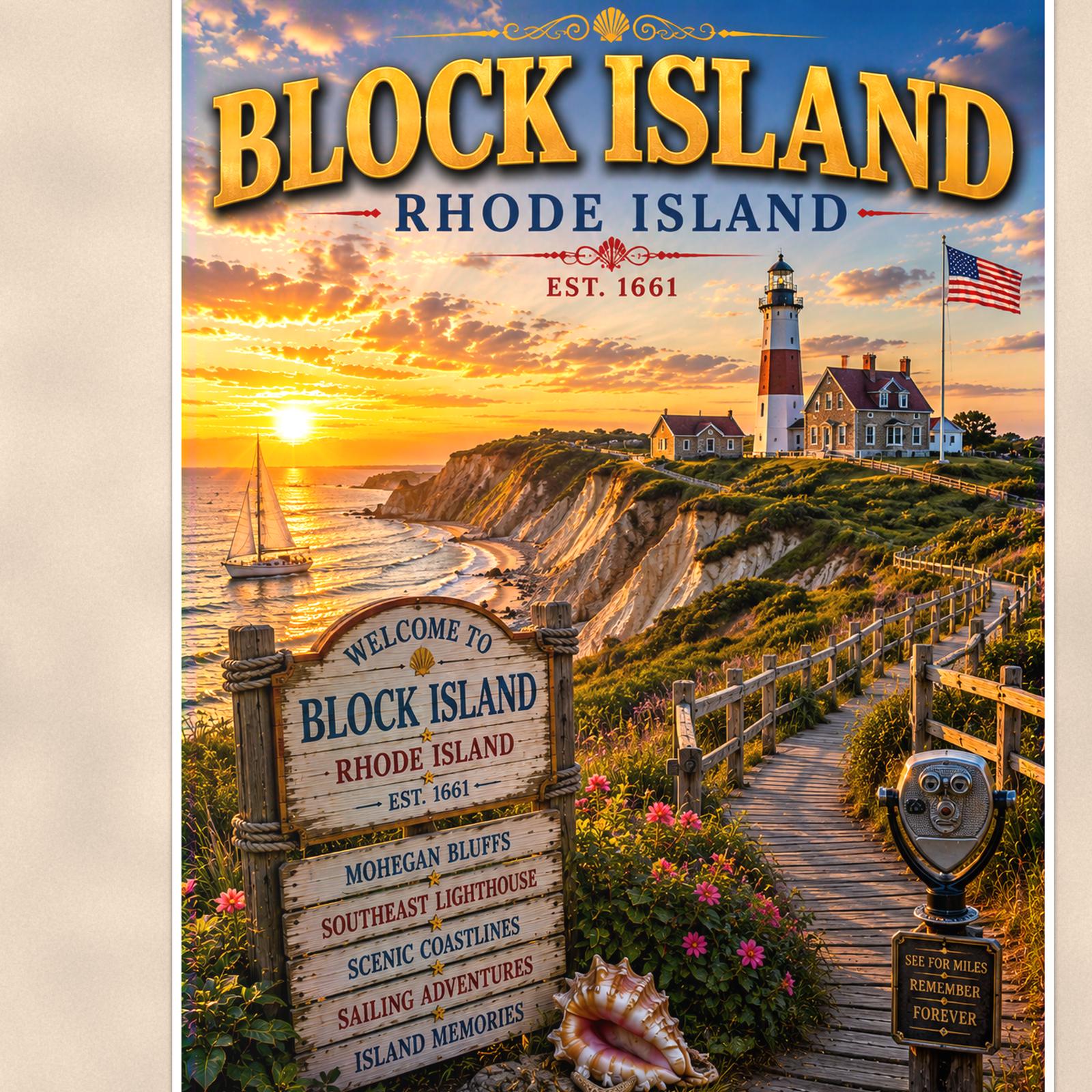 New England coastal town — 24x36 in art print poster, premium luster paper with a white border; close-up framed on the main subject of the artwork, paper surface visible.