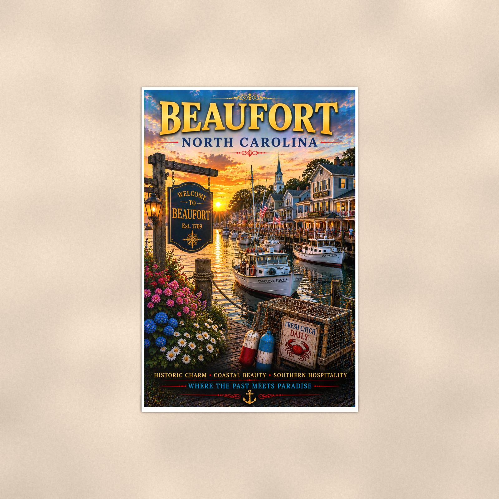 New England coastal town — 24x36 in art print poster, premium luster paper with a white border; poster shown straight on against a warm wall.