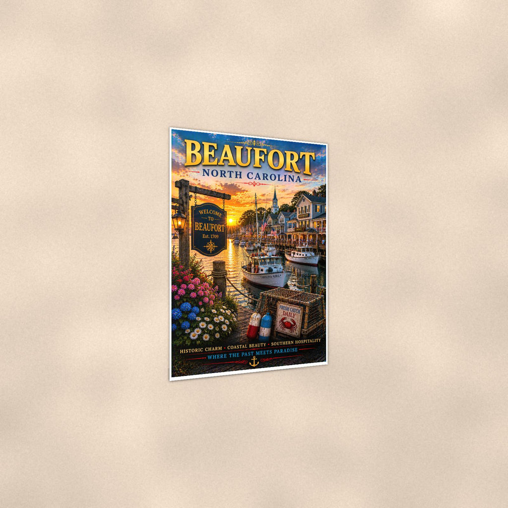 New England coastal town — 24x36 in art print poster, premium luster paper with a white border; gentle three-quarter angle on a warm wall, showing the flat paper edge.