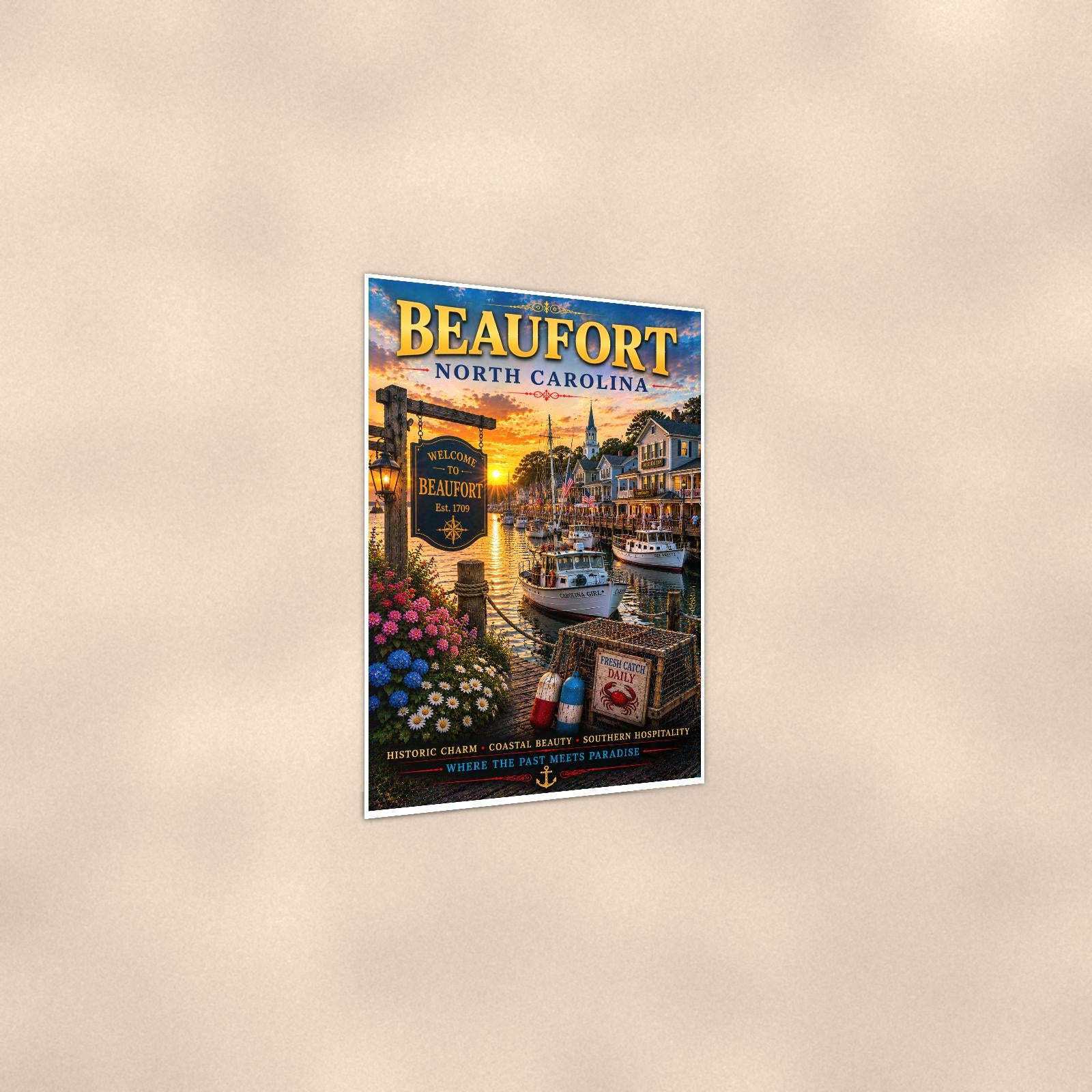 New England coastal town — 24x36 in art print poster, premium luster paper with a white border; gentle three-quarter angle on a warm wall, showing the flat paper edge.