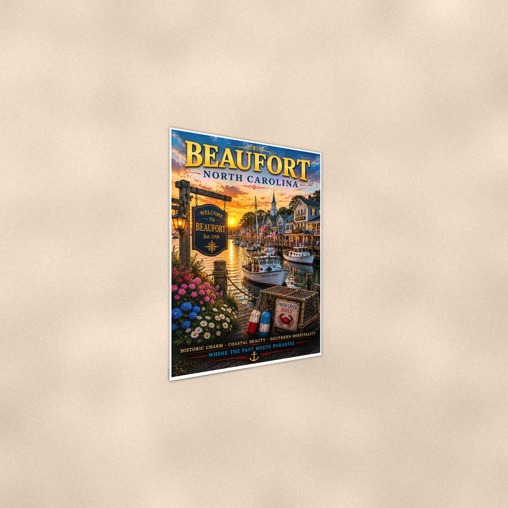 New England coastal town — 24x36 in art print poster, premium luster paper with a white border; steeper three-quarter angle on a warm wall, catching the luster sheen.