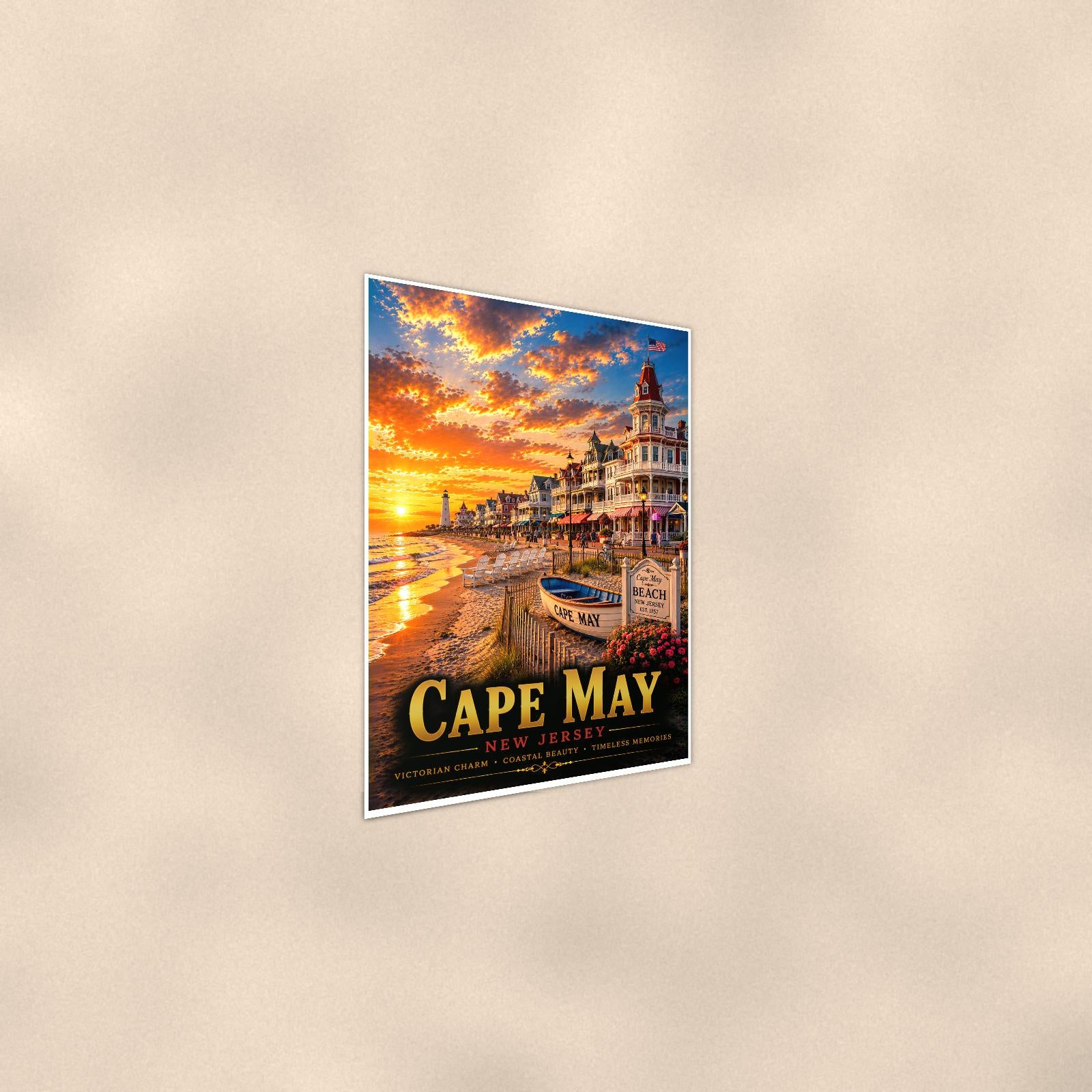 New England coastal town — 24x36 in art print poster, premium luster paper with a white border; steeper three-quarter angle on a warm wall, catching the luster sheen.